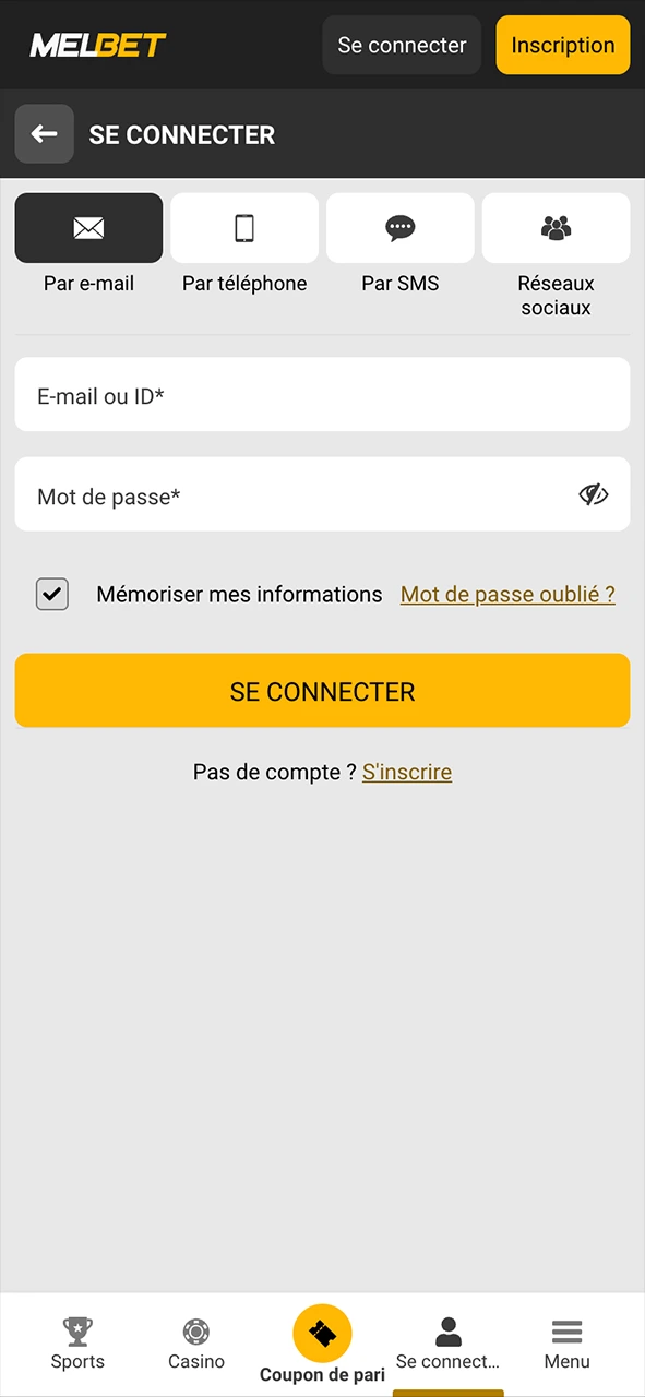 Connecte-toi ou inscris-toi dans l’application Melbet Android.