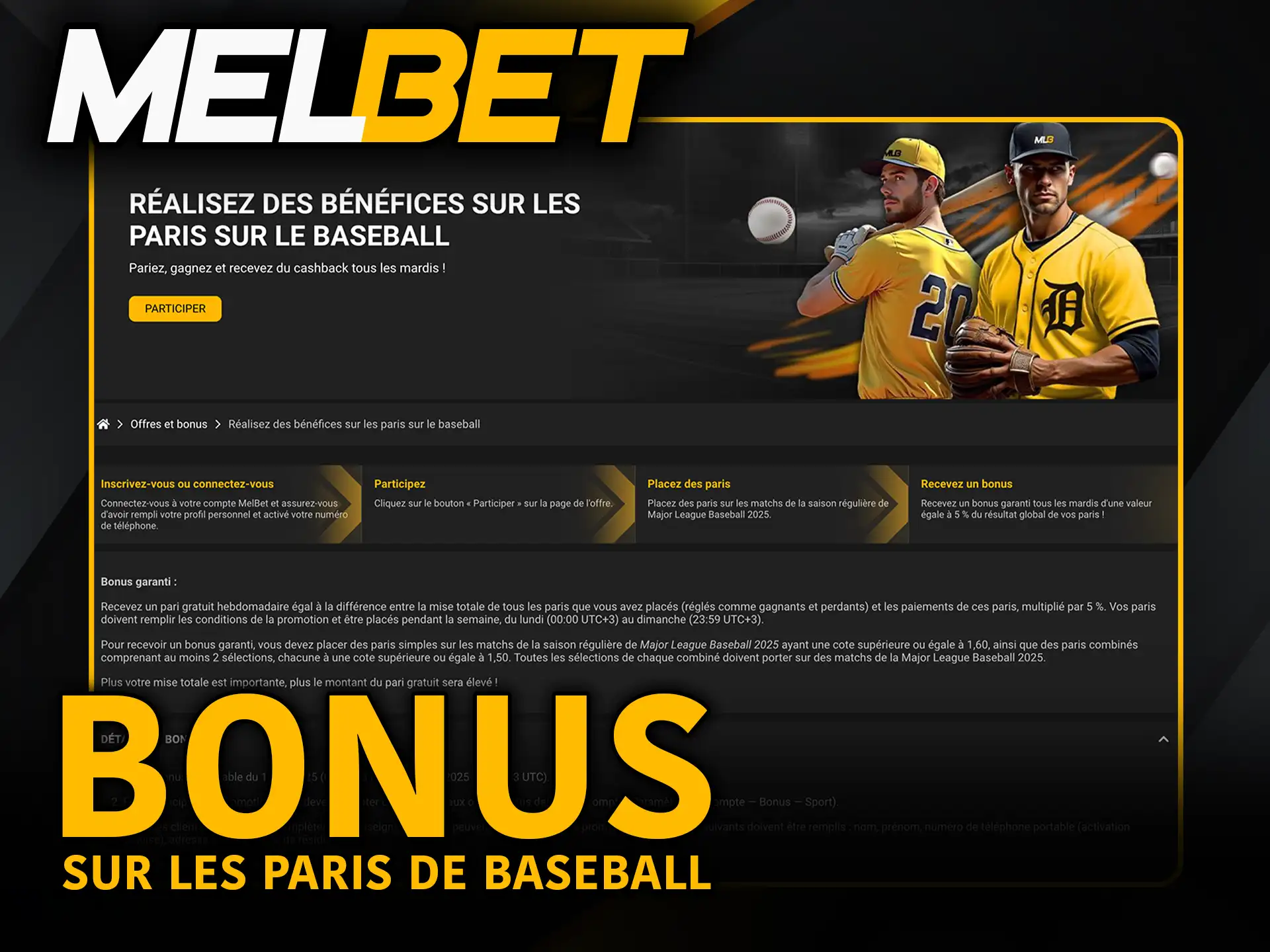 Bonus sur les paris de baseball Melbet mise et gagne plus.