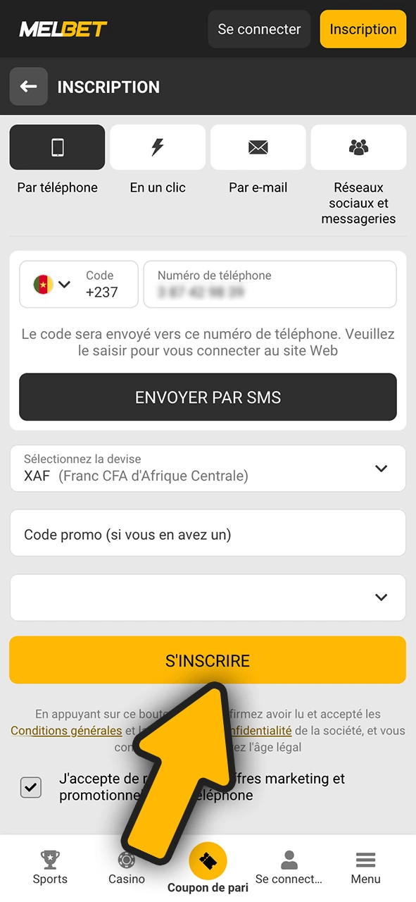 Confirmer ton inscription sur Melbet en un clic.