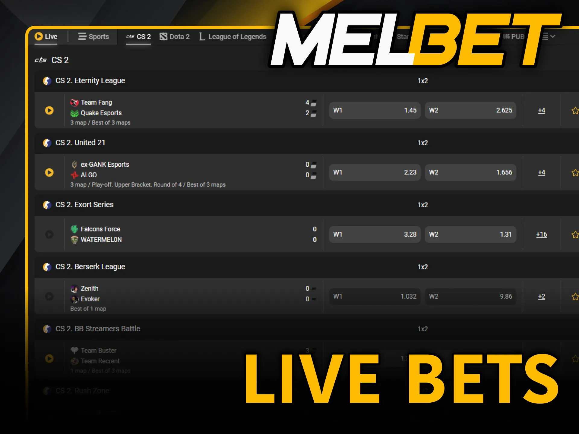 Follow fast paced live esports action with Melbet.