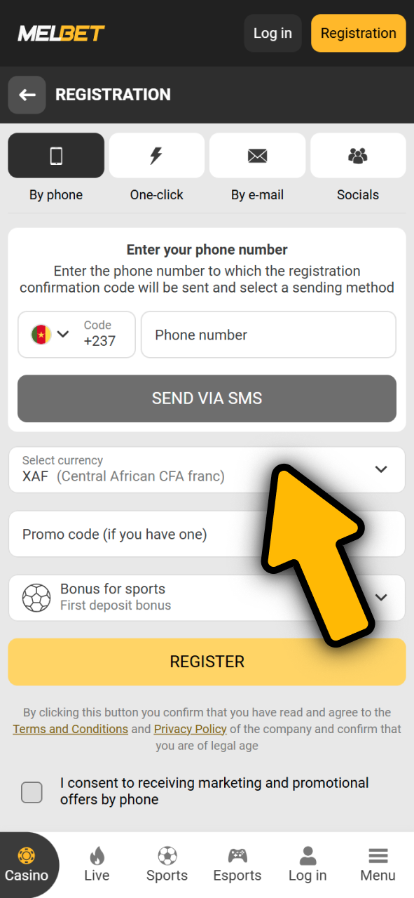 Input Melbet Cameroon registration data for eSports online betting.
