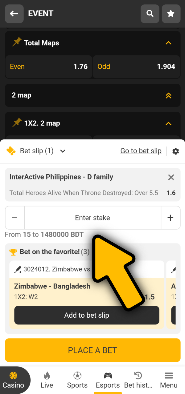Specify your desired slip amount on how to bet Melbet eSports.
