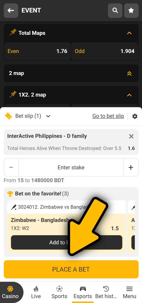Validate your prediction playslip now on how to bet Melbet eSports.