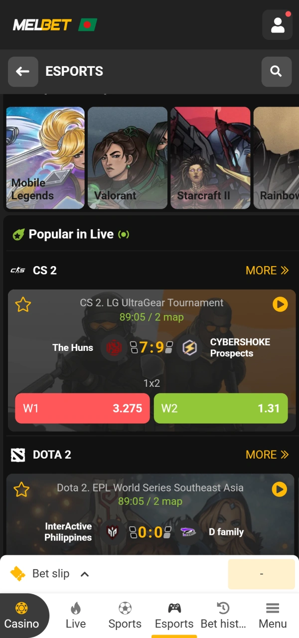 Fund your profile wallet finishing registration on Melbet eSports.