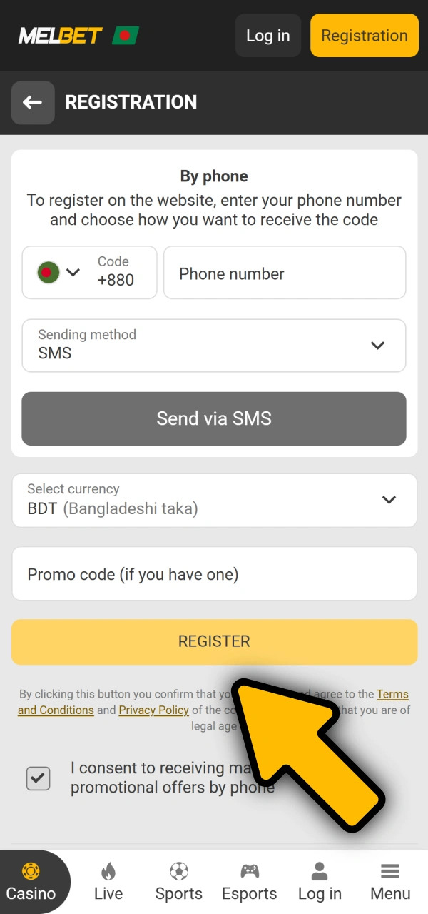 Submit the final digital form for registration on Melbet eSports.