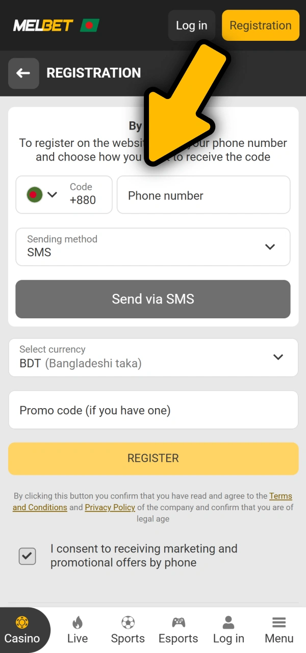 Fill out mandatory profile fields for registration on Melbet eSports.