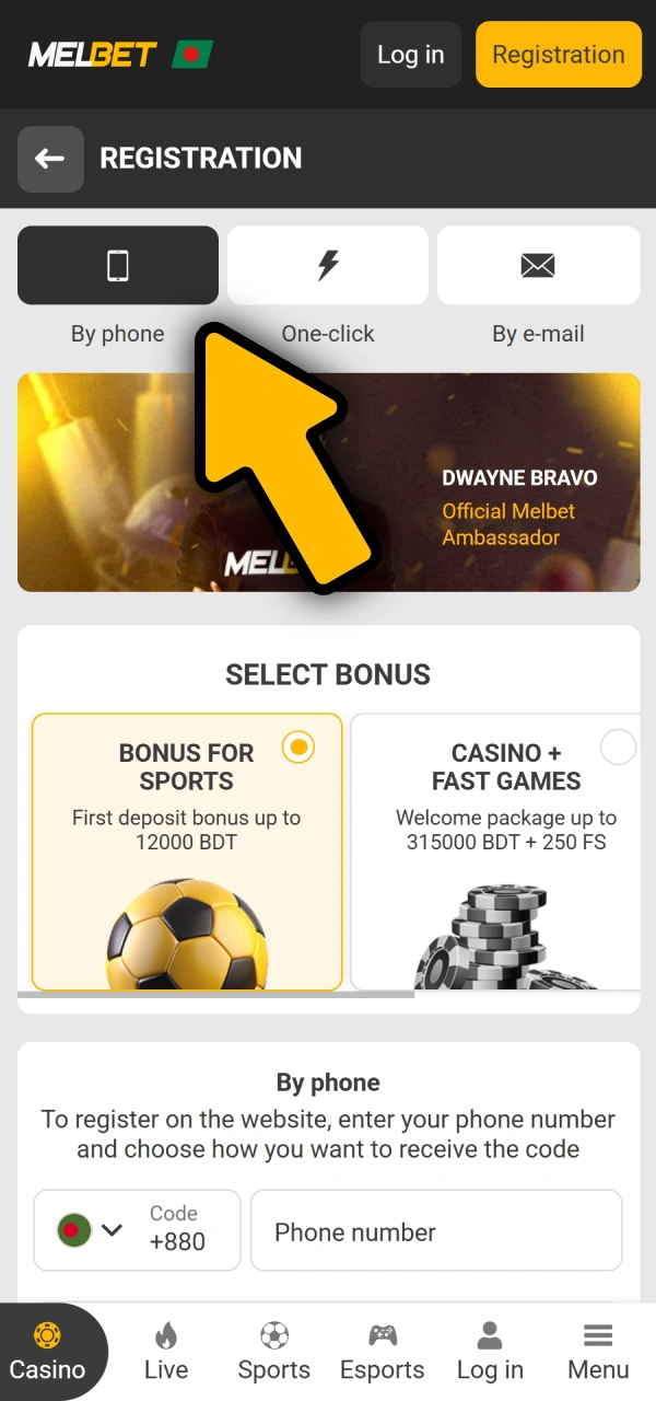 Select your preferred signup option on how to create a Melbet account.